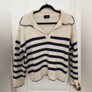 Vici V-Neck Sweater - Navy and Cream Stripes
